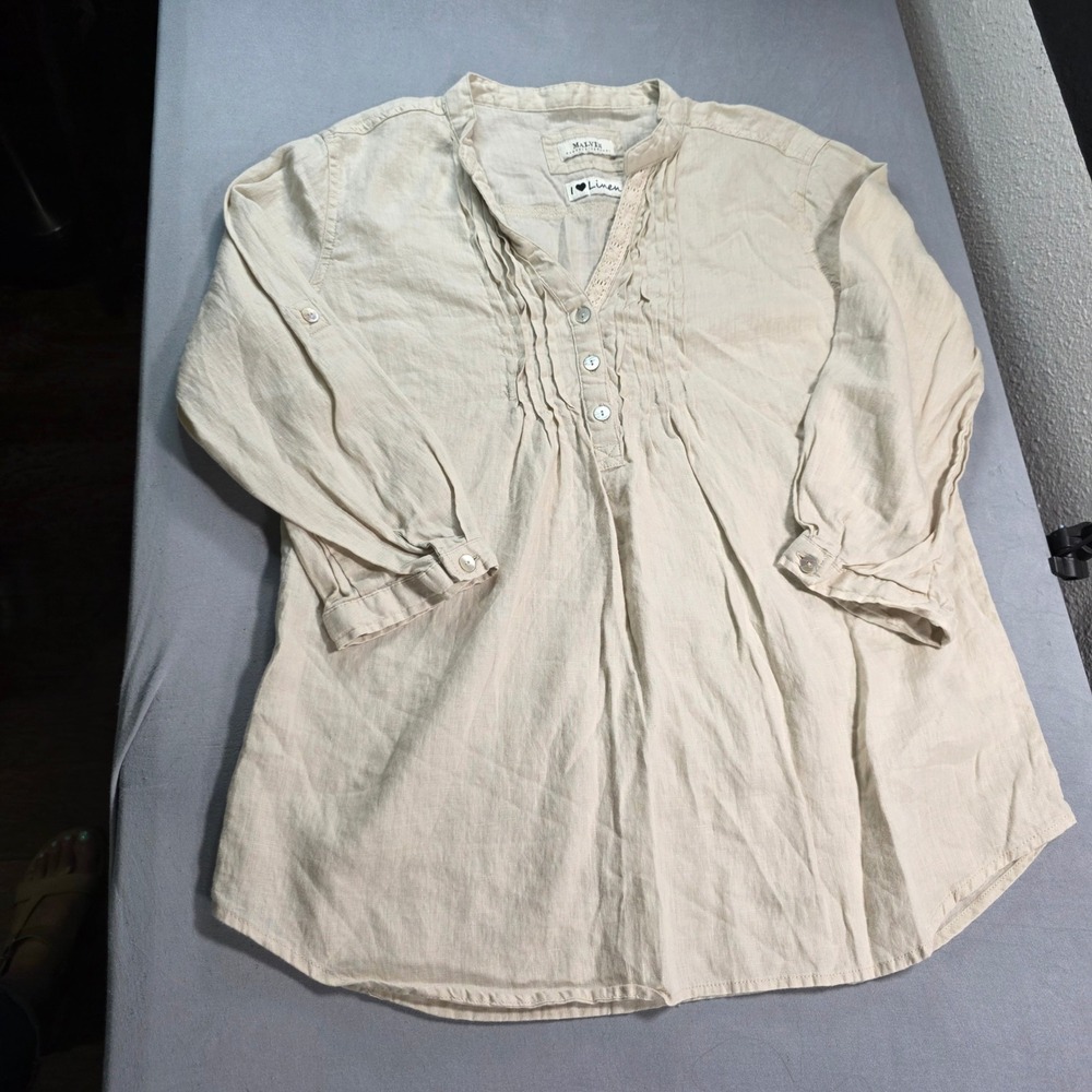 Malvin Hamburg Germany 100% Linen Pintuck Lace Tunic Top Beige Oatmeal Large 10